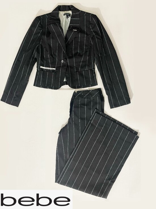 bebe Pants - VTG Bebe Black Pinstripe 2-Piece Pant Suit Set - Jacket 4 / Pants 2 - Y2K Office